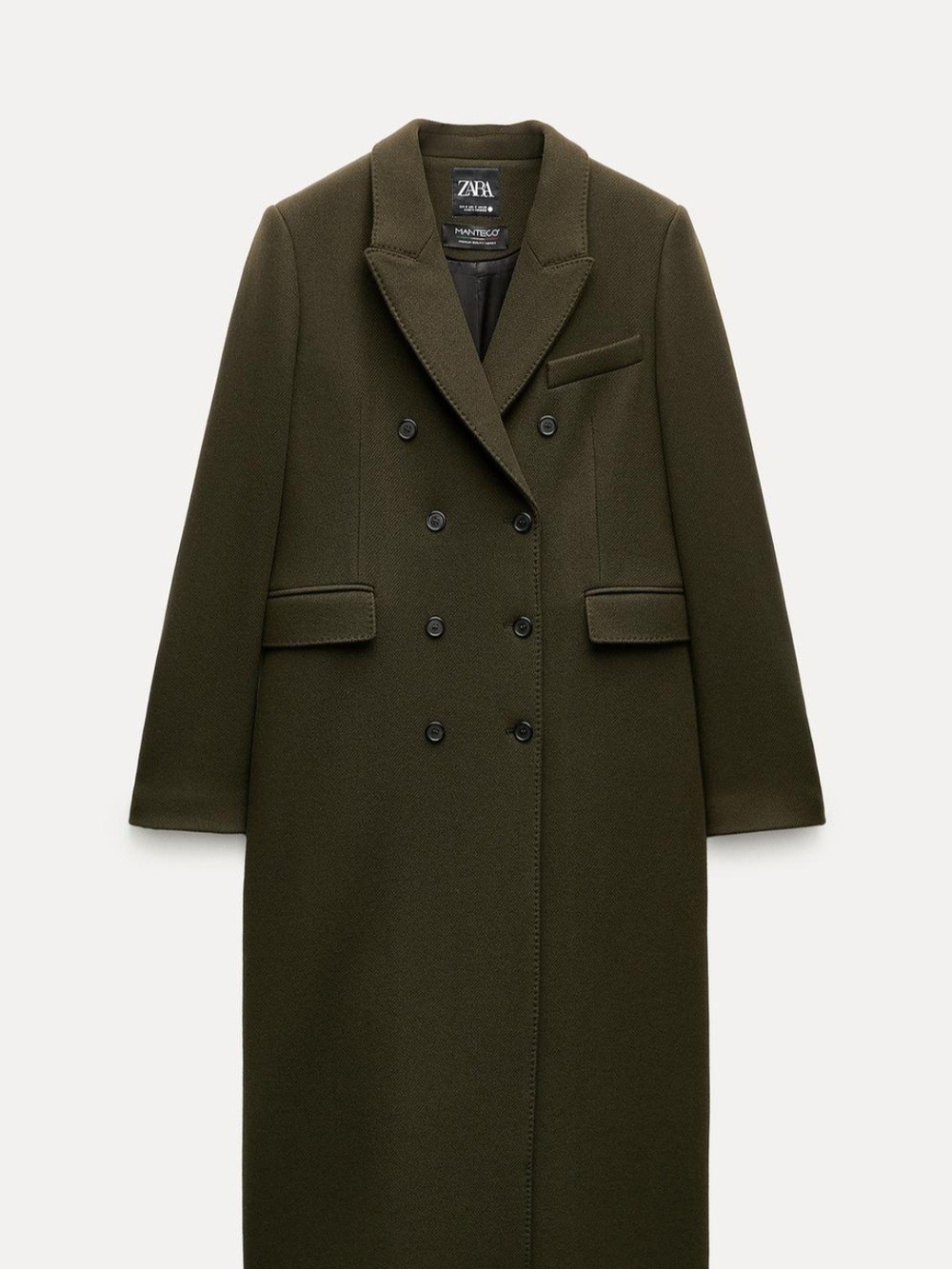 ZARA Olive Khaki Double-Breasted Long Wool Coat